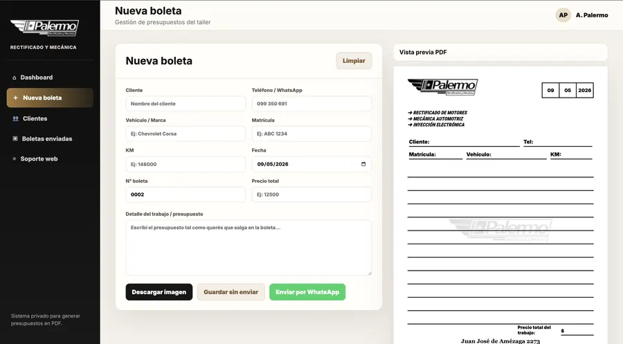 Captura de panel para crear boletas de taller