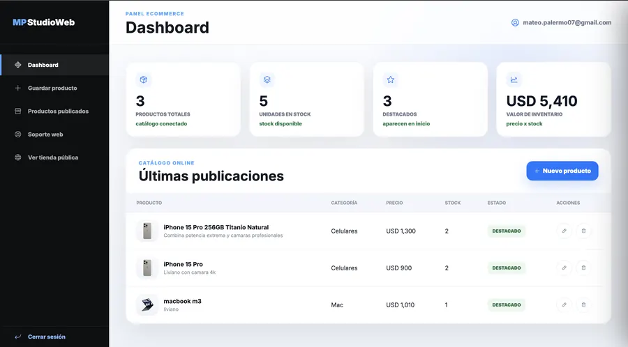 Captura de panel administrativo para tienda online