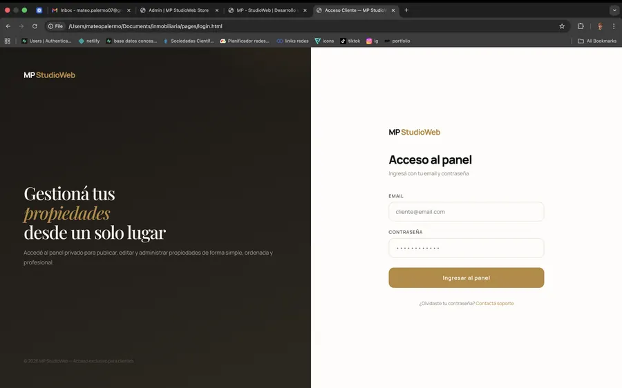 Captura de panel de acceso administrativo